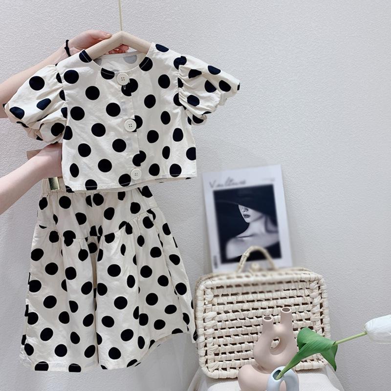 Kinder-Anzug mit Punktmuster, Mädchen-Hemdoberteil, Culottes, zweiteiliger Anzug