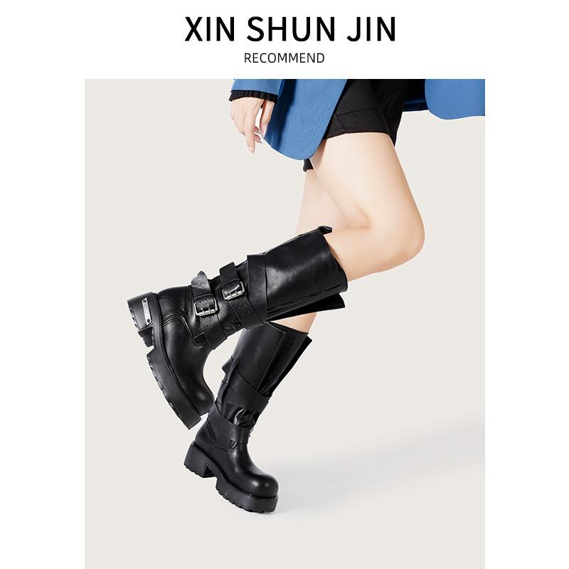 Retro belt buckle venom boots summer new bundle mouth big tube circumference thick bottom heightening punk locomotive boots