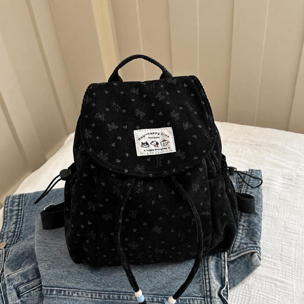 Lightweight Drawstring Daypack Casual Bookbag Fashionable Bow Print Corduroy Backpack Spring