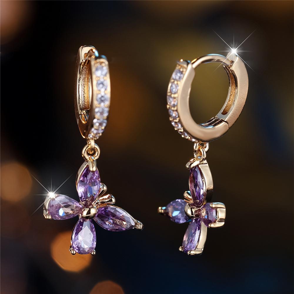 Fashion Crystal Purple Zircon Butterfly Dangle Earrings for Women Vintage Gold Color Wedding Jewelry