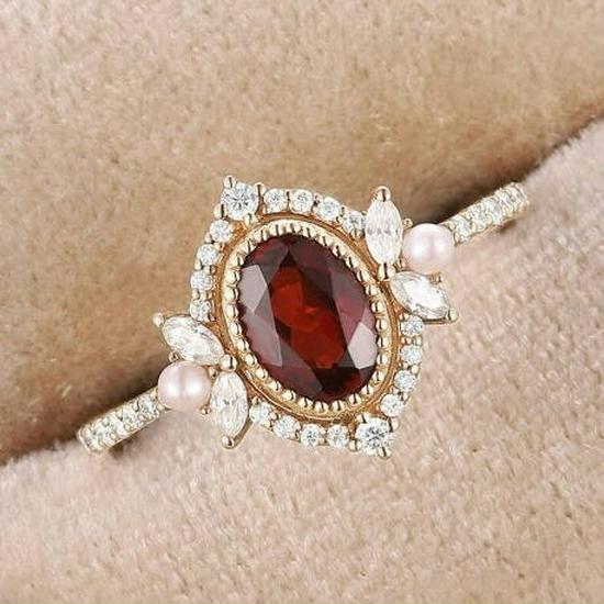 Anello da Donna Super Fresco Rosso Melograno con Zircone e Diamante Perla