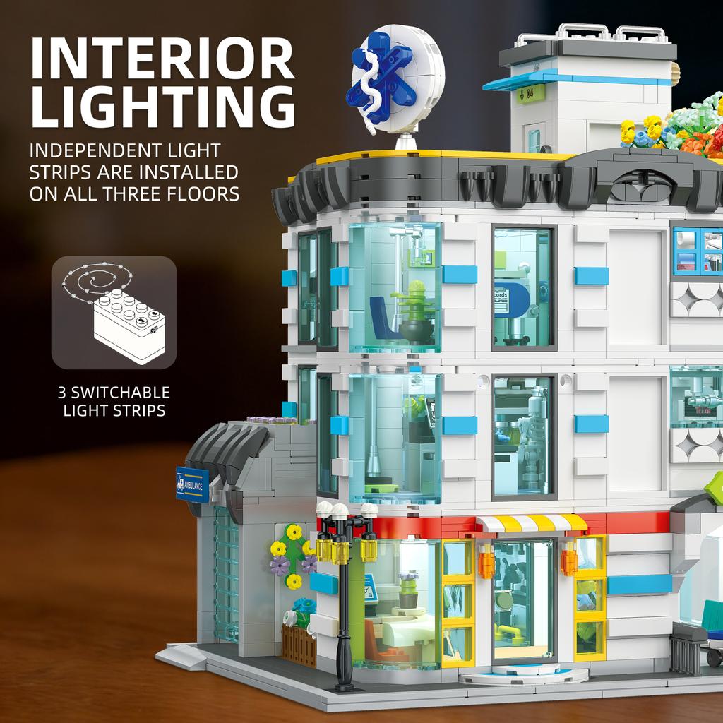 2866Pcs City Large Hospital Building Street Scene Building Blocks Set With Lights Desktop Ornament Assembly Toy Birthday Gift