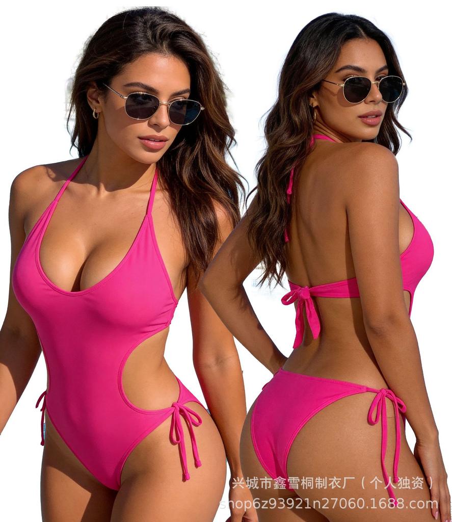 New swimsuit women's solid color strap one-piece bikini one-piece sexy swimsuit