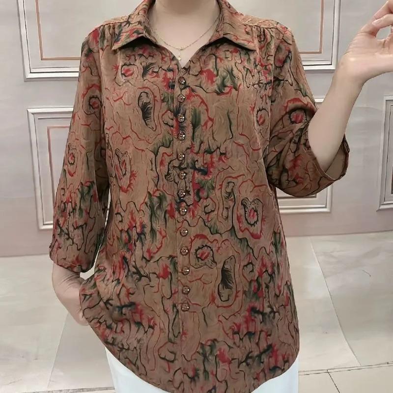 Middle-aged Elderly Fashion Shirt Loose New Autumn Mother Women's Casual Top Printed Shirt