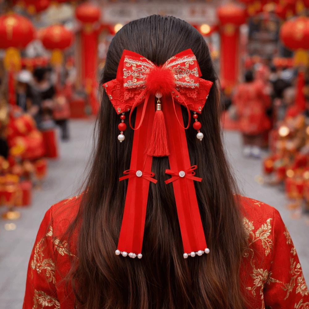 Red New Year Hairpin Tassel Hanfu Hair Ornamen Sweet Bow Ribbon Hair Clip  Braid