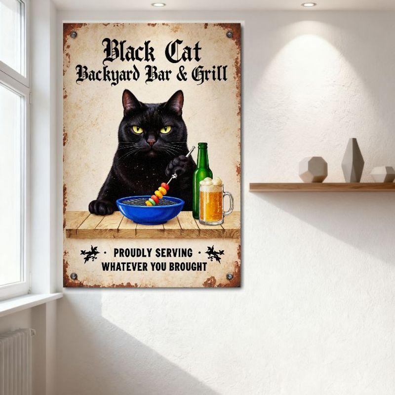 Vintage Black Cat Backyard Bar & Grill Metal Sign Rustic Wall Decor with Food Skewer Beer Bowl Design for Home Bar Pub Cafe 8x12