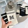 Women's Mid-calf Socks, Spring and Autumn Thin Striped M Letter, Trendy and Versatile, School Style Black and White Sporty Long Calf
