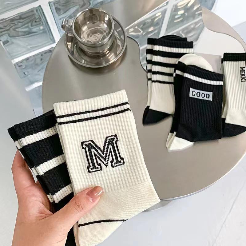 Women's Mid-calf Socks, Spring and Autumn Thin Striped M Letter, Trendy and Versatile, School Style Black and White Sporty Long Calf