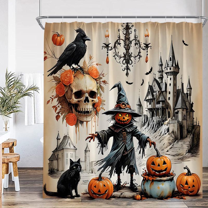 Horror Halloween Shower Curtains Pumpkin Skeleton Black Raven Cat Castle Skull Bath Curtain Set Home Bathroom Decor with Hooks