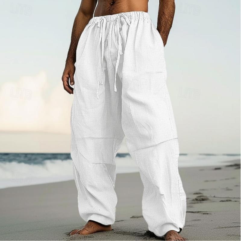 Men s Outdoor Trendy Casual Pants Beach Straight Pants Plain Color Comfortable Daily, Street L белый