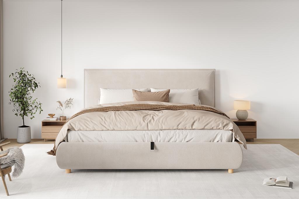 Upholstered Bed, Double Bed, 180*200cm, Hydraulic Function, Slatted Frame, Headboard, Large Storage Space, Bed Legs Made of Solid Wood, Cream, Velvet