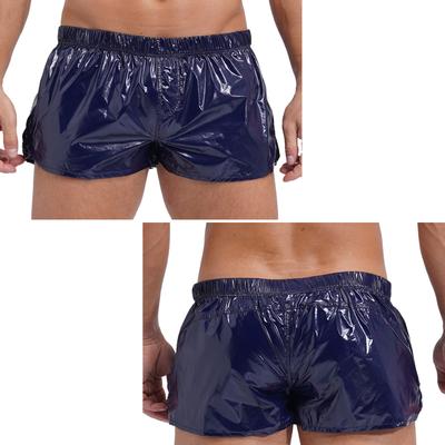 Herren-Shorts mit niedrigem Bund und seitlichem Schlitz, einfarbig, schmale Passform, glänzende Badehose, Strandkleidung