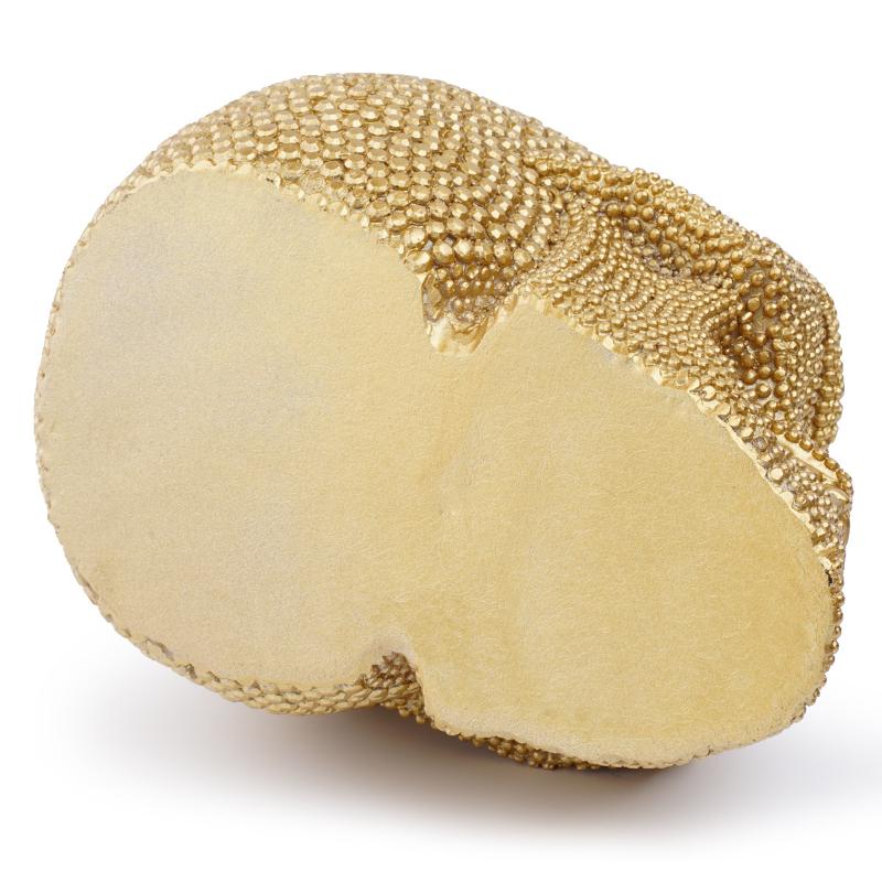 1 Stück, Funkelnde goldene Totenkopfstatue aus Kunstharz mit filigranen Details zur Bürodekoration oder für eine Halloween-Party