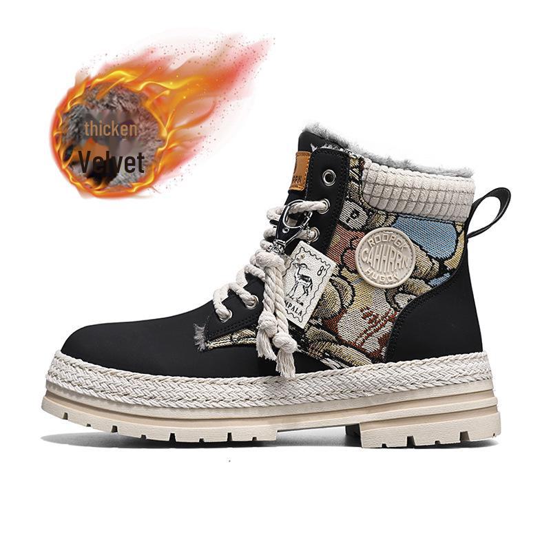 Nové zimní sametové párové martensky na silné podrážce: Teplé motorkářské boty s medvídkem