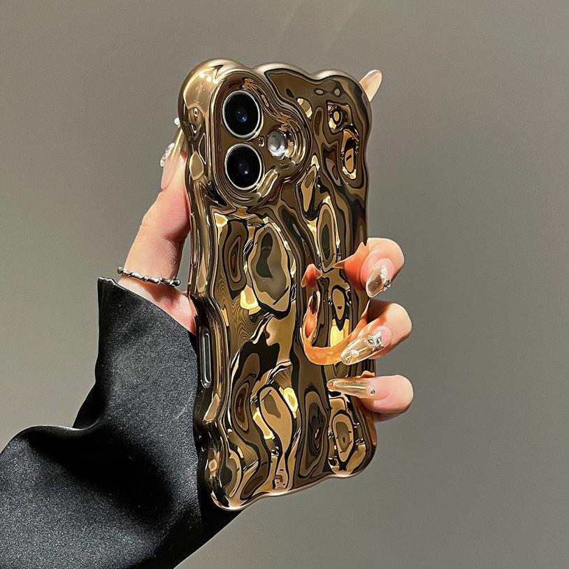 3D Glossy Wrinkle Plating Wave Border Phone Case for iPhone 17 Pro 16 15 Pro Max Plus 11 12 13 14 Meteorite Pattern Soft Cover