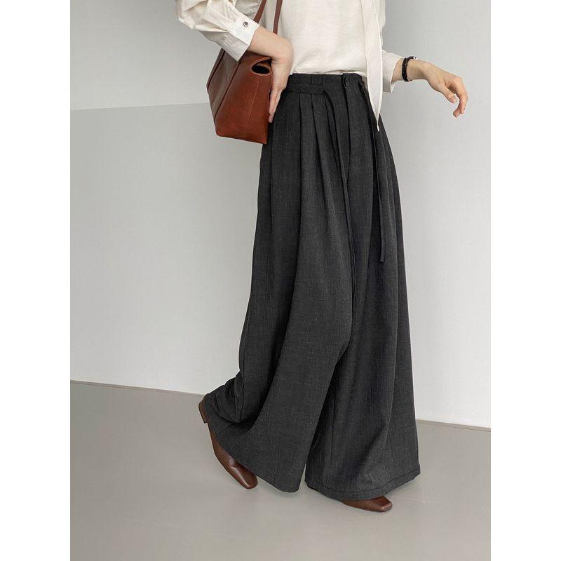 

Autumn Pants ~ Korean Series Commuter-Grade Pleat Drawstring Wide-Leg Pants Women Drape Casual Loose Pants Women Dark Gray M