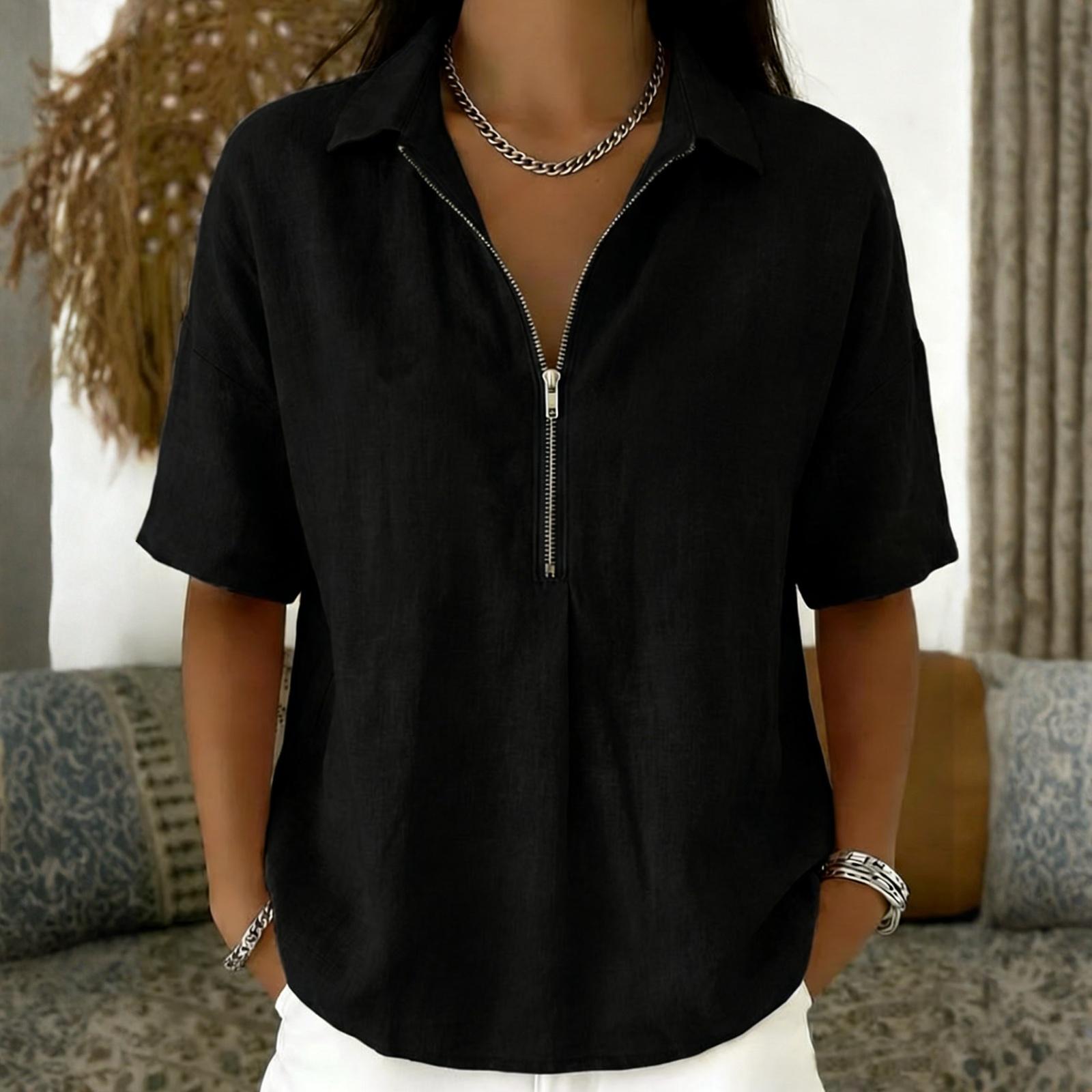 

Women s Fashionable Loose-Fit Short-Sleeve Casual Shirt With Half-Zip XXL чорний