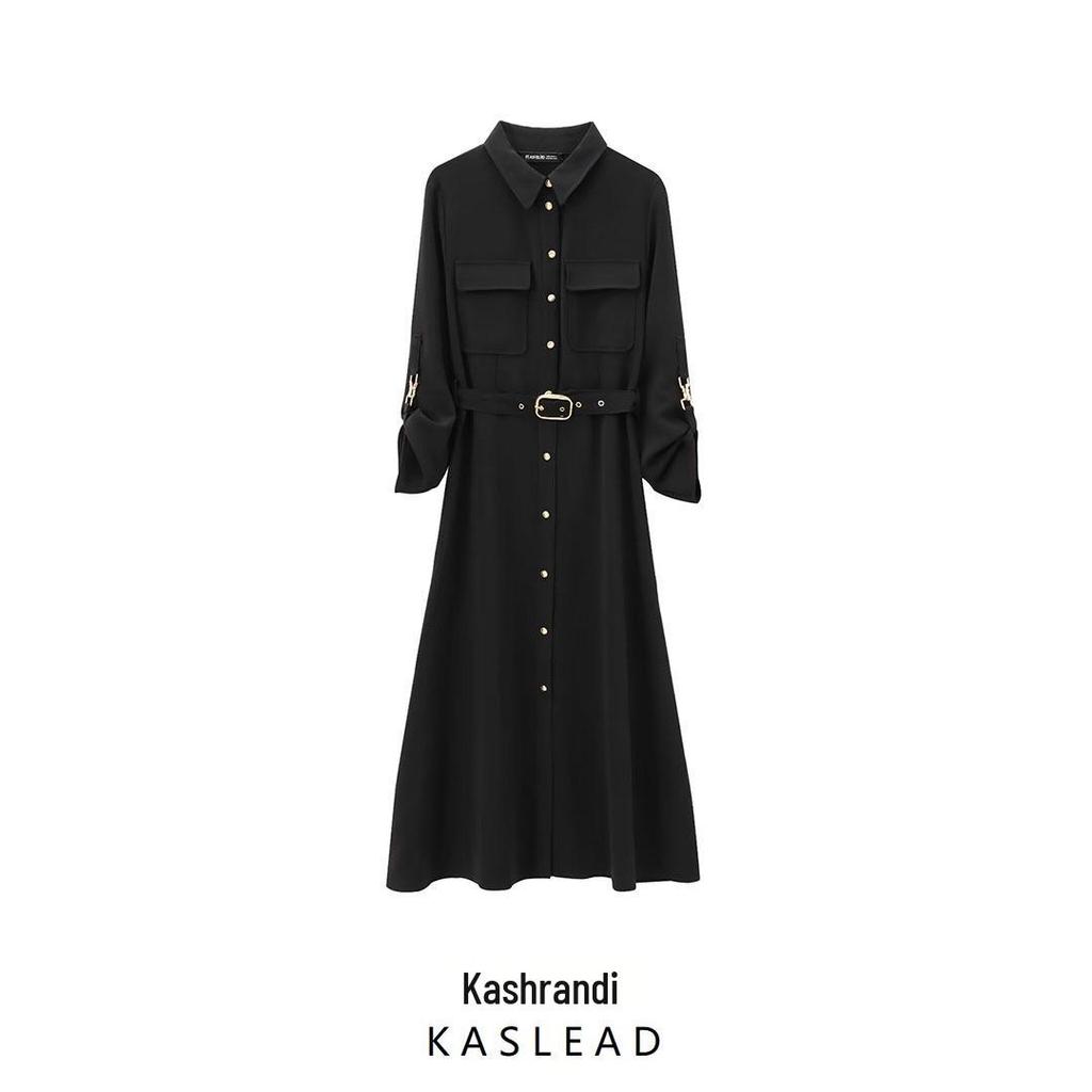2024 Autumn Women's European and American Style Belted Turn-Down Collar Long Sleeve Midi Dress