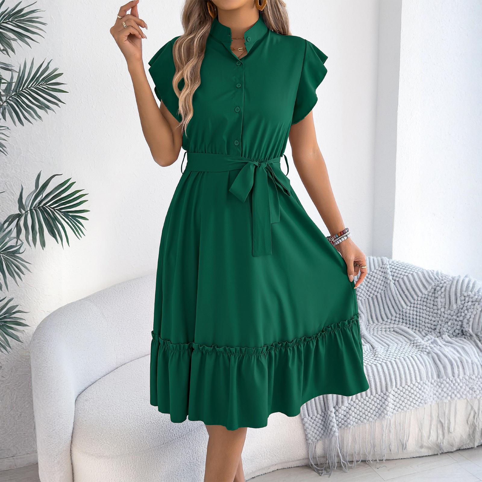 Women s Fashionable Color Casual Stand Up Collar Ruffle Edge Tied Waist Shirt Dress L зелёный