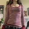 Women's Red and Grey Shirt Striped Long Sleeve Tops Grunge 2000s Fall Ribbed Soft Shirts