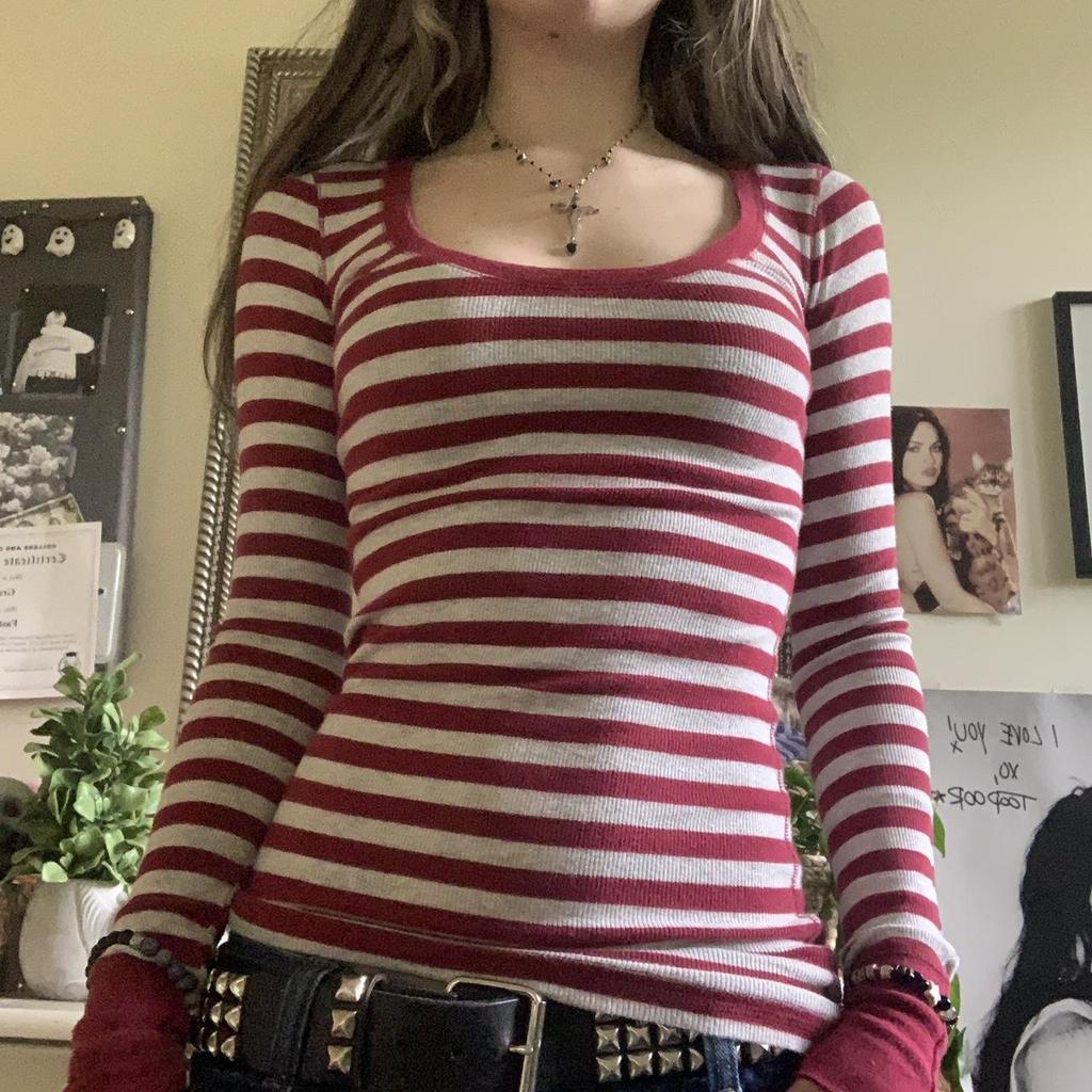 Women's Red and Grey Shirt Striped Long Sleeve Tops Grunge 2000s Fall Ribbed Soft Shirts