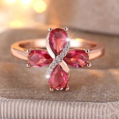 Pear Cut Rose Red Zircon Flower Shape Rings for Women Girls Rose Gold Color Wedding Engagement Jewelry Gift