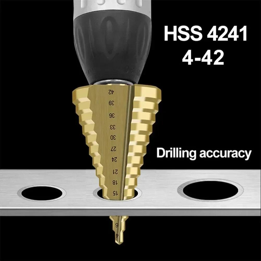 HSS Step Cone Drill Bit 4-42mm Round Handle Titanium Plated Hole Cutter Spiral Fluted Step Cone Drill Wood Metal Hole Cutter
