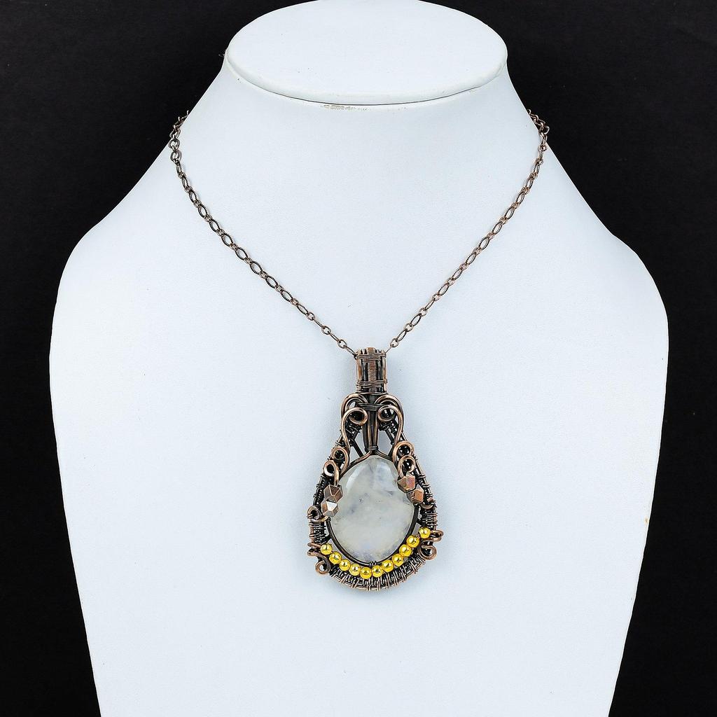 Moonstone 999 Copper Wire Wrapped Pendant, Handmade Gemstone Pendant, Gift For Mom Antique Jewelry