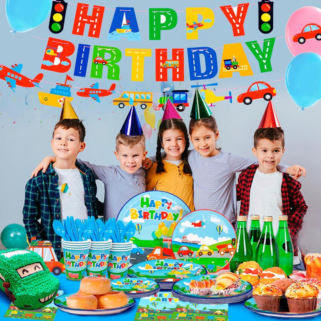 190pcs Transportation Birthday Party Supplies, Transportation Party Tableware Set-Banner Tablecloth Plates Napkin Etc