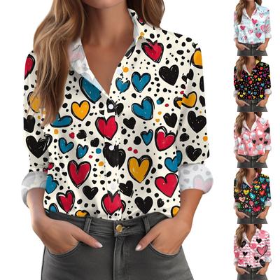 Damen-Hemdbluse, bedruckt, Knopfleiste, langärmelig, lässig, Basic, Hemdkragen, normales Oberteil
