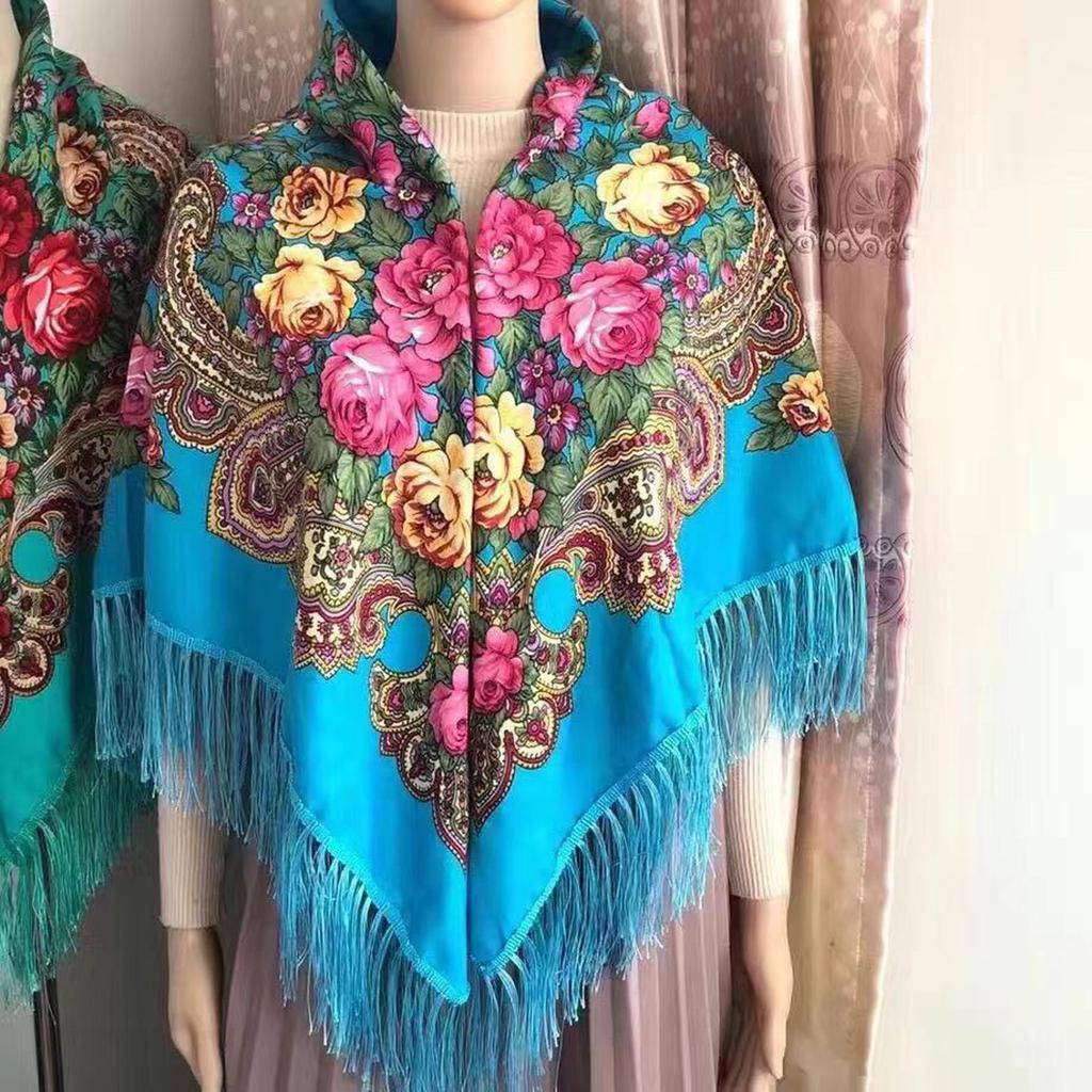 Ethnic Turban Head Wrap Scarf Women Vintage Travel Printed Tassel Shawl Outwear Printed Square Scarf