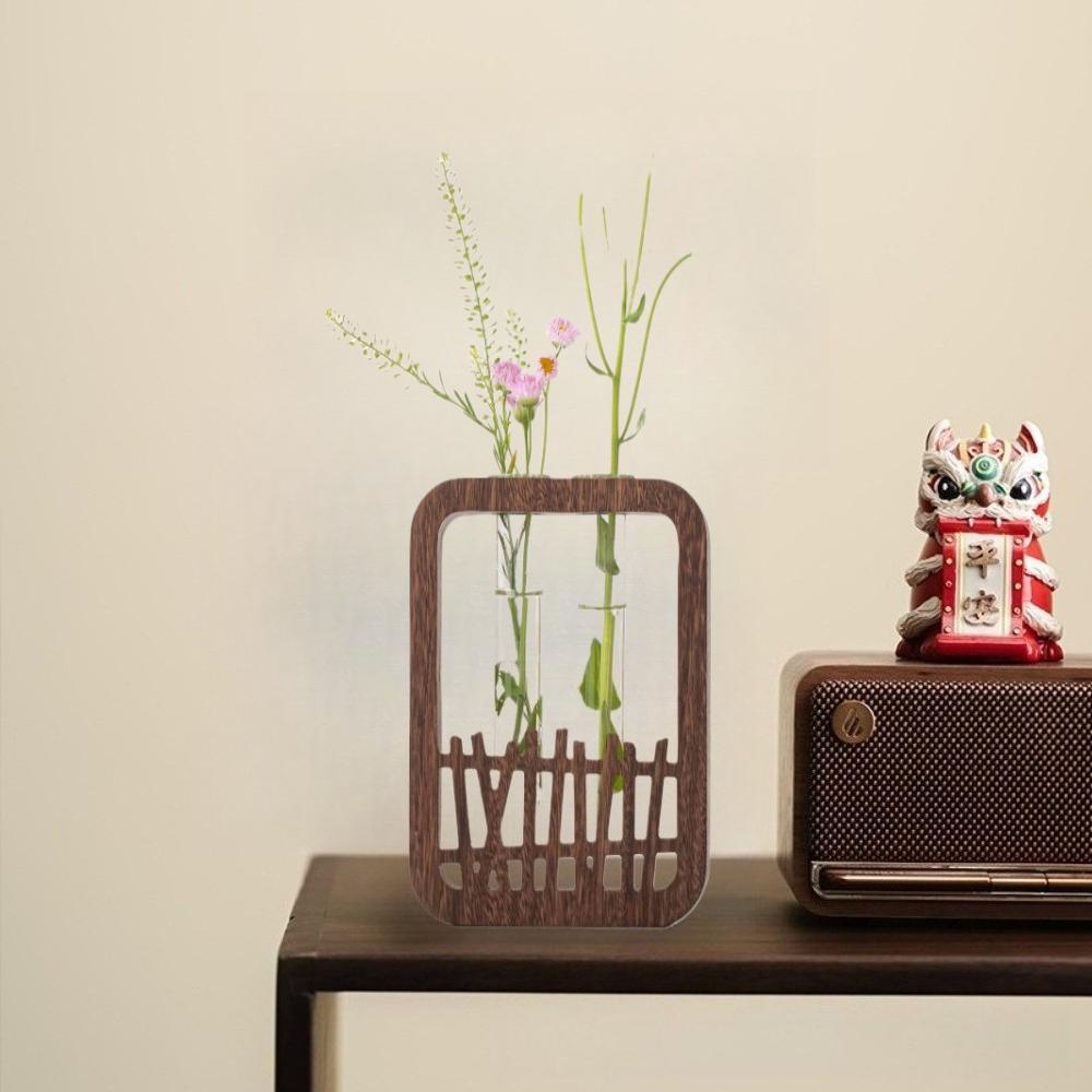 Retro Glass Test Tube Vase with Solid Wood Frame Hydroponic Green Plants for Home Office Decor Hydroponic for Windowsills