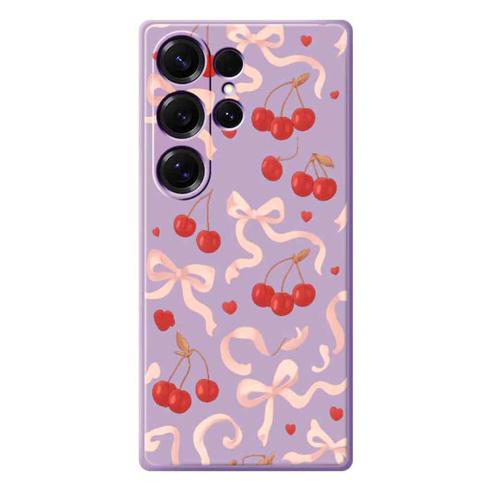 For Samsung Galaxy S25 Ultra Case Big Bow Cherry Pattern Printing Straight Edge TPU Phone Back Cover