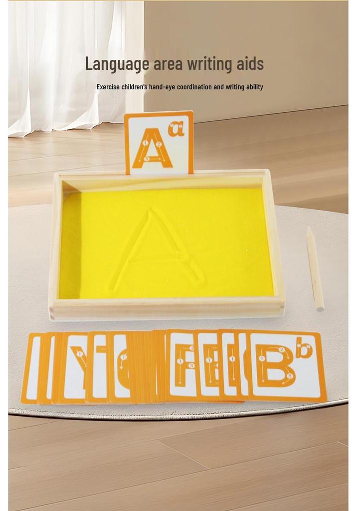 Montessori Wooden Sand Tray with English Letter Tracing Cards for Early Education & Word Recognition