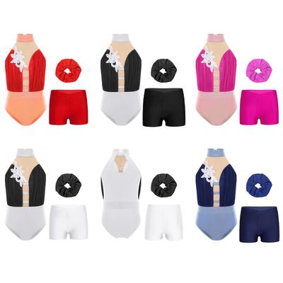Girls Gymnastics Dance Outfit Sleeveless Keyhole Back Rhinestones Leotard V Waistband Shorts Hair Tie