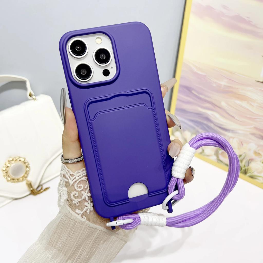Luxusní tekutý měkký silikonový kryt na telefon pro iPhone 16 15 14 13 12 11 Pro Max peněženka s držákem karty, nárazuvzdorný kryt se šňůrkou na krk
