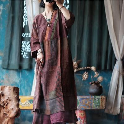 Autumn Woman Vintage Linen Neckline Color Blocking Loose Dress Retro Solid Color Three Quarter Print Dress