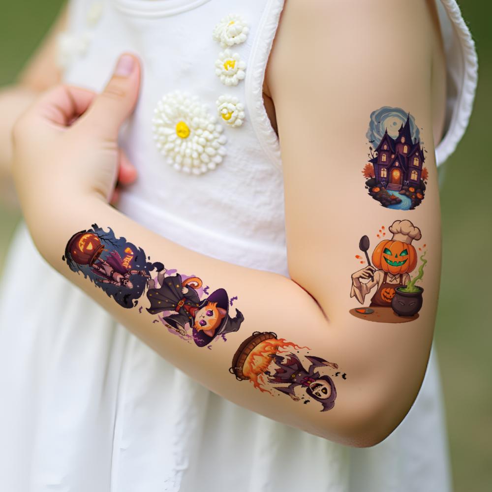 63pcs Temporary Tattoo Pumpkin Heads Temporary Tattoo Stickers Witch Figures Ghost Figures Comic Halloween Characters For Men