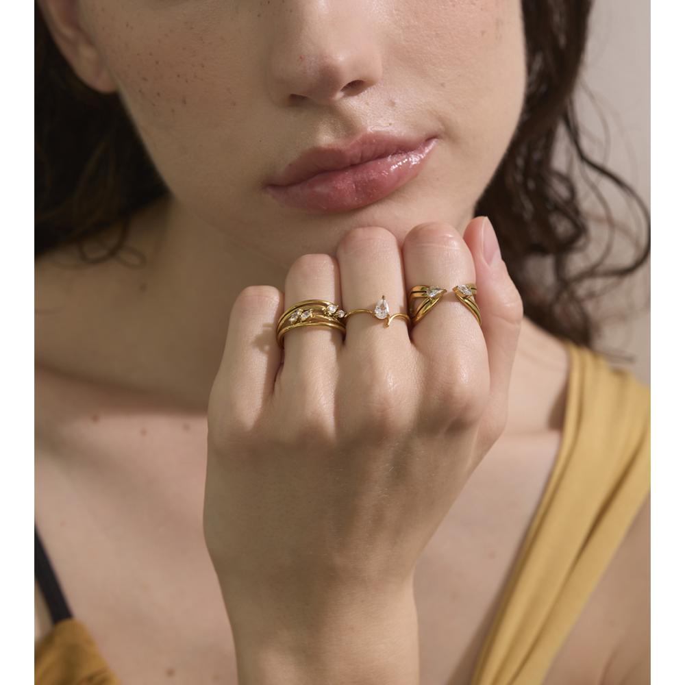 Yhpup Size:678 Delicate Stainless Steel Zirconia Layered Hollow Geometric Golden Ring Rust Proof Arrivals Jewelry Recommend