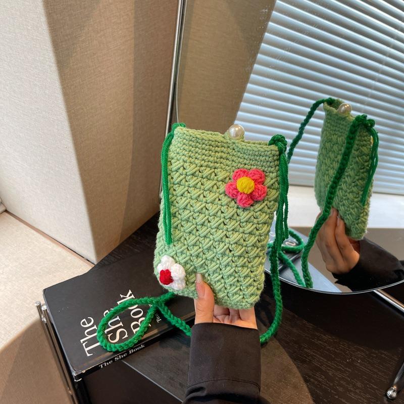 

Весенне-летняя мини-сумка для мобильного телефона с цветами, модная маленькая квадратная сумка, вязаная из шерсти, сумка-мессенджер, вязаный крючком чехол для ключей зелёный