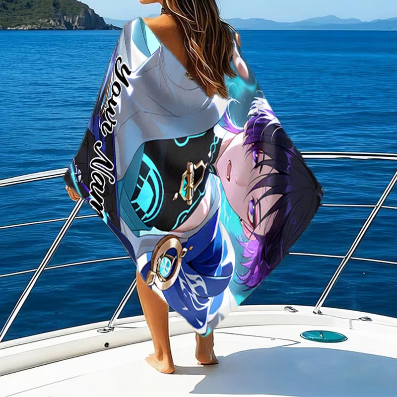 1pc Genshin Impact4 Beach Towel with Custom Name, Beach/Swimming/Bath/Picnic/Camping Towel, Suitable for Seaside Beaches