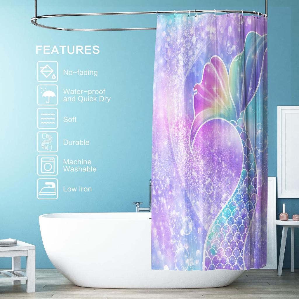 Mermaid Shower Curtain, Mermaid Tail Bubbles Shower Curtains Waterproof Showercurtain Set With Hooks Polyester Fabric Machine Wa