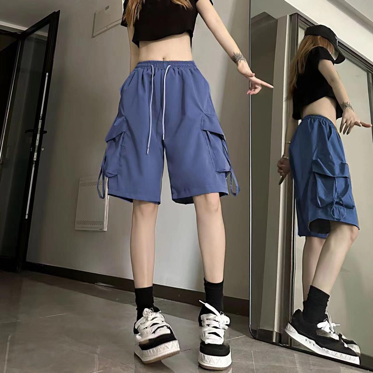 

Y2K шорты карго женские Harajuku черные свободные широкие шорты летняя уличная мода высокая талия мешковатые короткие брюки M синий