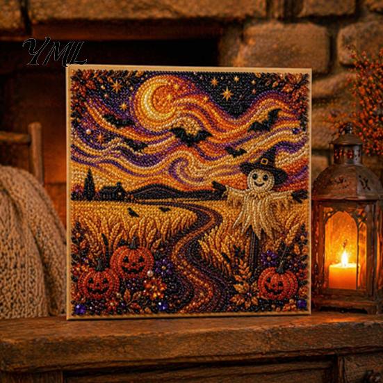 Handmade Ghost Pumpkin Art Halloween Faux Pearl DIY Kit, 3D Bead Embroidery Craft Set, Spooky Haunted House Goat Witch Wall Art, Seasonal Home
