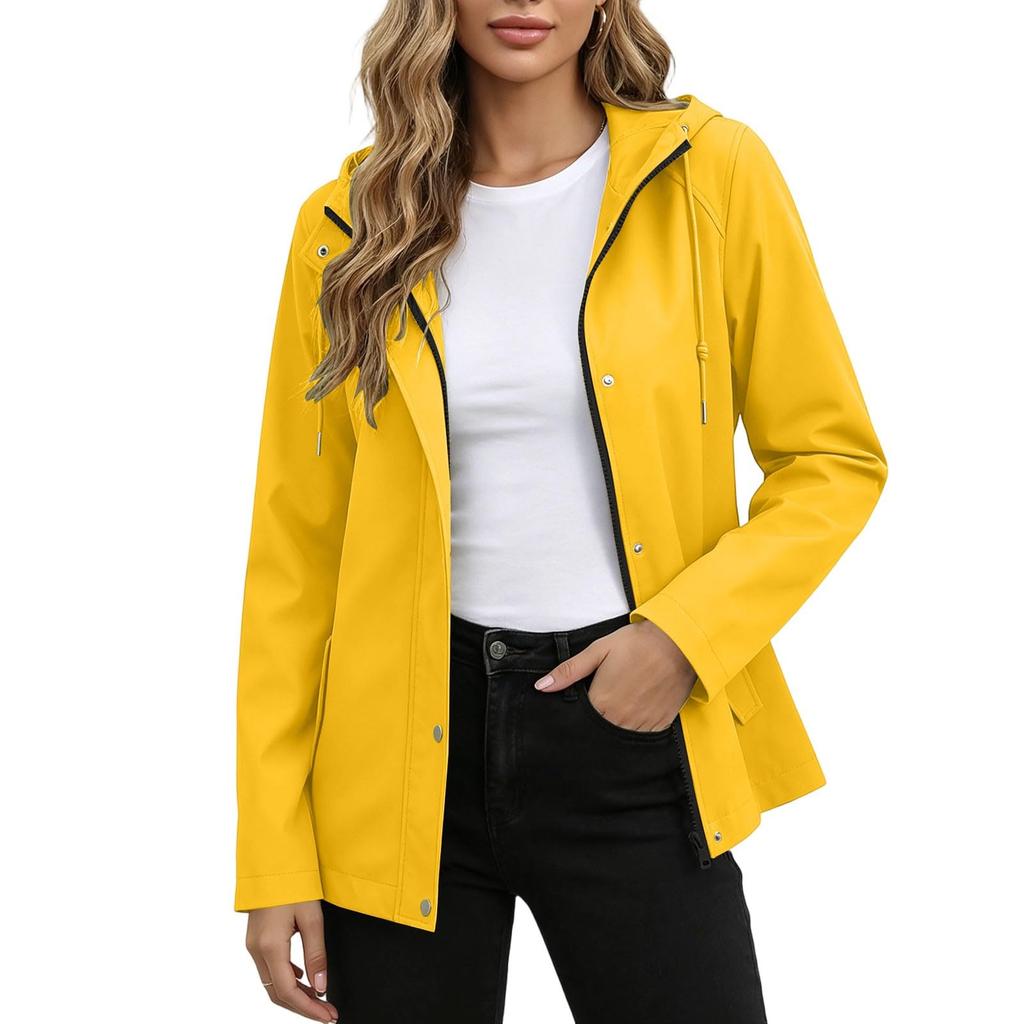 Wasserdichte Winddichte Kapuzenjacke für Damen mit durchgehendem Reißverschluss, Leichter atmungsaktiver Outdoor-Regenmantel, Shell mit verstellbarer Kapuze und Taschen