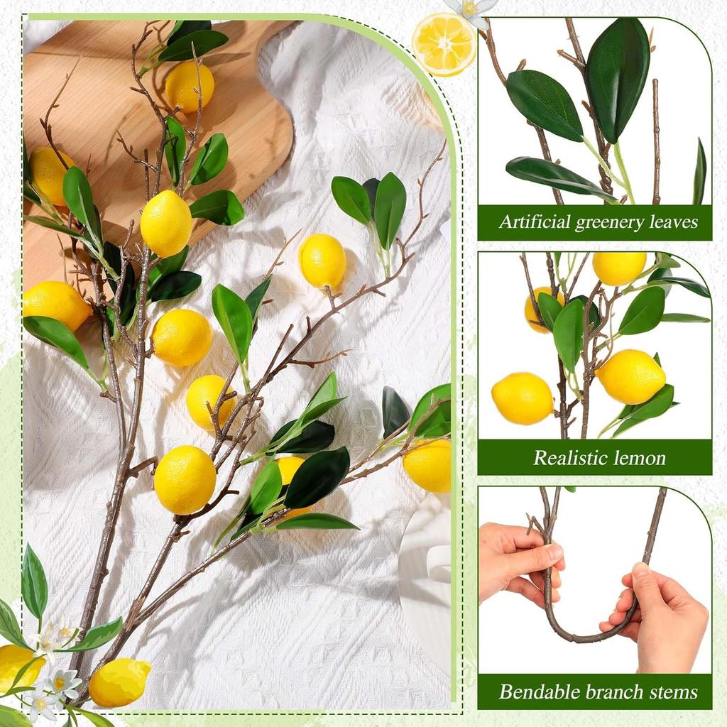 13 Pcs Faux Lemon Decoration Set Includes 3 Pcs 31.5 Inch Artificial Lemons Branch 10 Pcs 3 x 2 Inch Faux Yellow Lemons Fake Lemons Branch Fruit