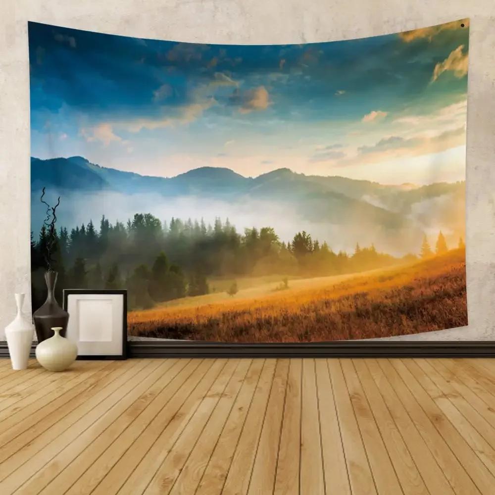 VIKAMA Nature Forest Tapestry, Misty Green Pine Tree Scenery Wall Art Hanging for Bedroom Living Room Photography Backdrop