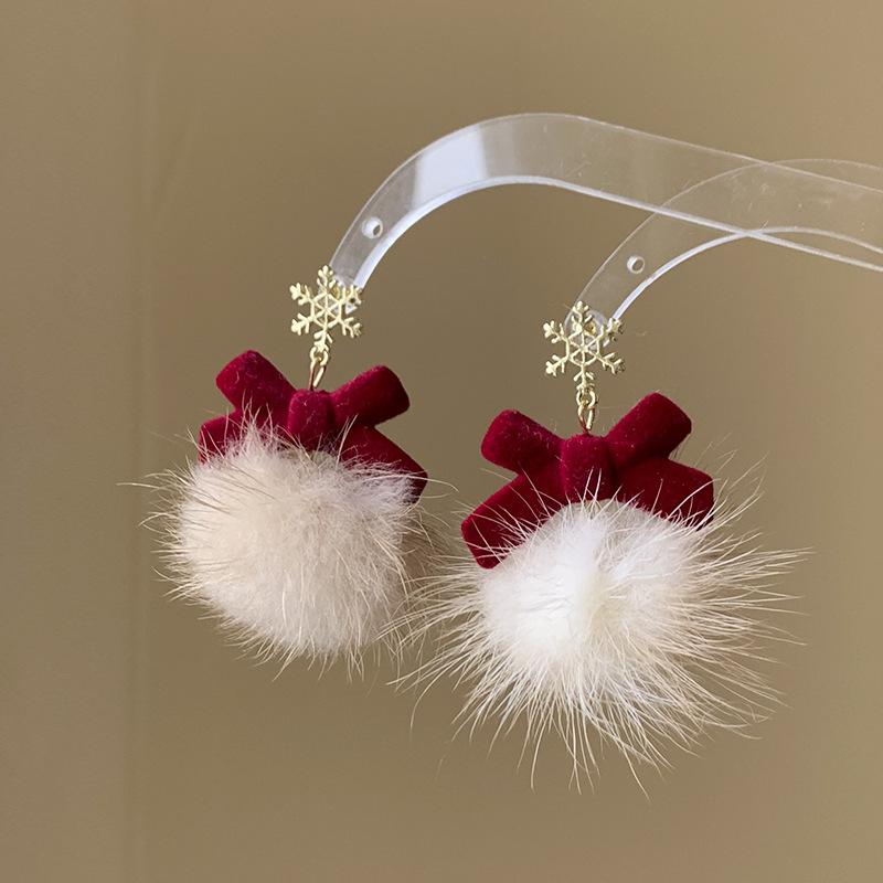 Snowflake Red Bow Hairball Earrings Creative Versatile Earrings Autumn and Winter Earrings