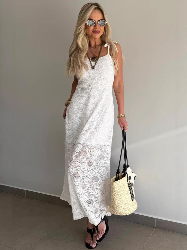 European and American Strappy Lace See-through Square Neck Slimming Long Dress for Spring and Summer.