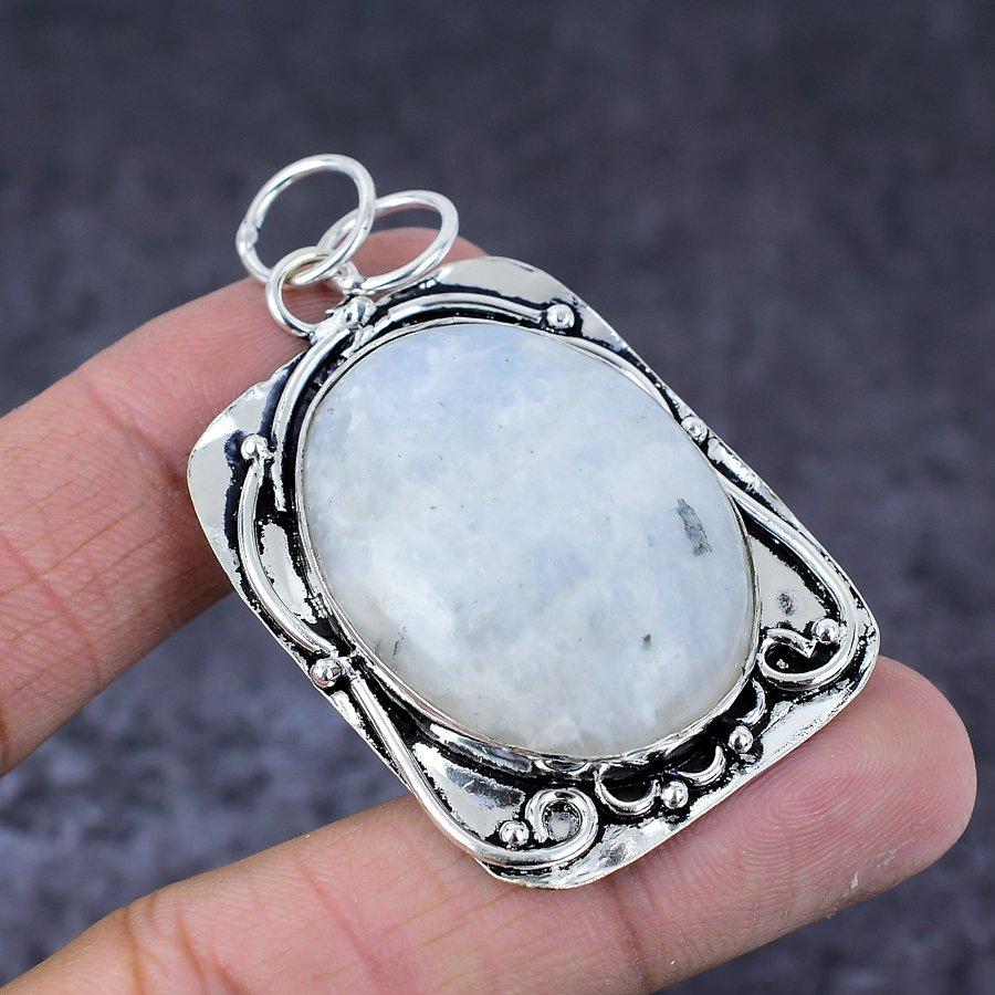 Pendentif Pierre de Lune Arc-en-ciel Fait Main en Argent Sterling 925 2,36" F6O62